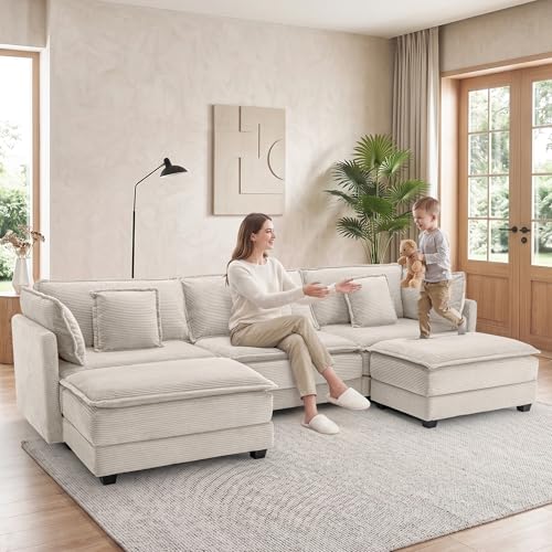 Image of Corduroy Sectional Couch, 3 Seater 113 inch U Shaped Cloud Couch with 2 Ottomans, Modular Deep Seat Sofa with Pillows for Living Room, Apartment, Beige