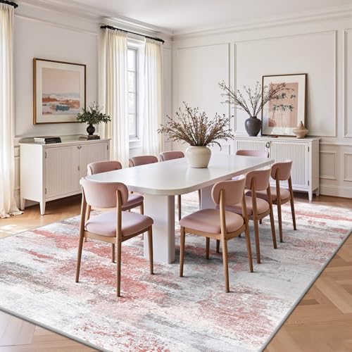 Image of 8x10 Rugs for Living Room - Modern Abstract Washable Rug, Ultra Soft Non Slip Low Pile Large Rugs, Floor Carpet for Bedroom Dining Room Office Laundry Nursery Home（Pink & Grey）