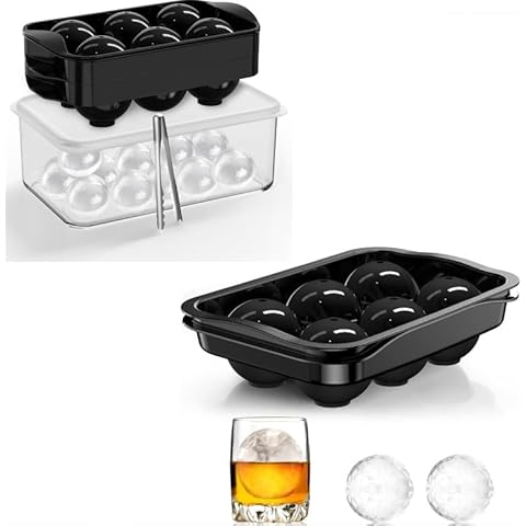 ICEXXP Whiskey Ice Ball Maker + Round Ice Cube Tray with Ice Bin (2 Pack) Cover
