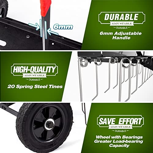 Suchtale 40inch Tow Behind Dethatcher with 20 Spring Steel Tines,Lawn Sweeper Garden Grass Tractor Rake Removes Thatch from Large Lawns, Riding Lawn Mower Attachments for Outdoor Yard Tools Lawn Care