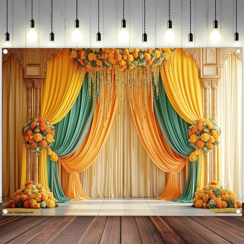 Image of Indian Pooja Backdrop Photography Background, Traditional Chatiya Navratri Ganpati Ganesh Marigold Backdrops Wall Decor for Durga Puja(7x5FT), Multi4