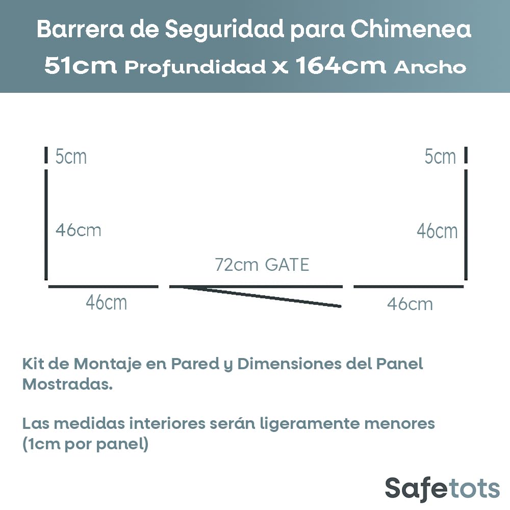 Safetots Barrera de Seguridad para Chimenea, 51cm de Profundidad x 164cm de Ancho, Gris, 70cm de Alto, Seguridad para Niños y Mascotas, Protección para Bebés y Niños Pequeños, Instalación Fácil