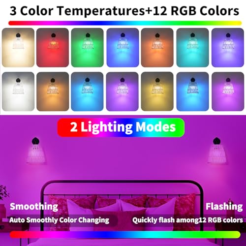 Image of Boho Battery Operated Wall Sconce Set of 2, White Rattan Rechargeable Wall Lights with Dimmable Bulbs and Remote,15 Colors Wireless Wall Lamps for Bedroom Living Room Hallway Decor