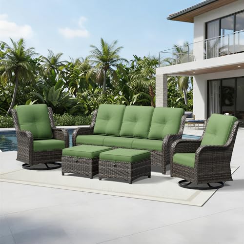 Image of Joyside 5 Piece Wicker Patio Furniture Set, Outdoor Swivel Rocker Patio Chairs with High Back, Deep Seating, Wide Armrest, Thickened Cushions, Outdoor Furniture for Deck, Porch Use