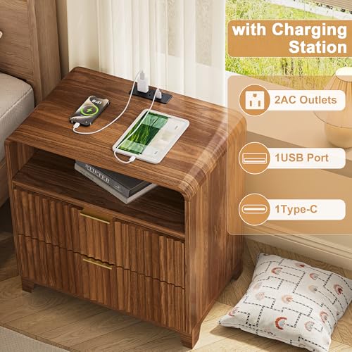 Image of Night Stand Fluted Nightstand with Charging Station, 24 inch Wide Modern Side Table with 2 Drawers and Open Storage Cabinet, Wood Dresser Bedside End Table for Bedroom, Walnut