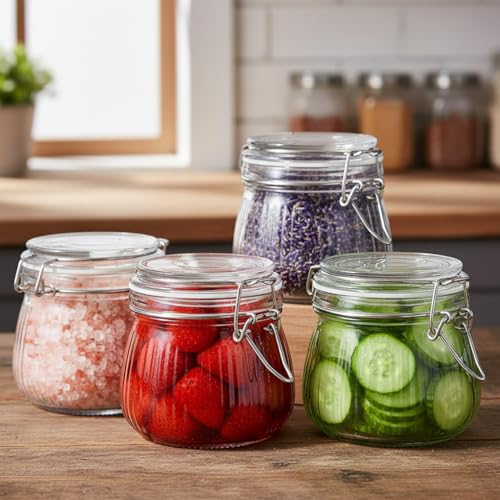 Image of ginoya brothers Airtight Glass jar with lid Storage Containers,Glass Canister, Mason Jars, Small Striped Clip Fastening Jar for Kitchen Canning, Overnight Oats, Pickle, Spice. (4, 500 ML)