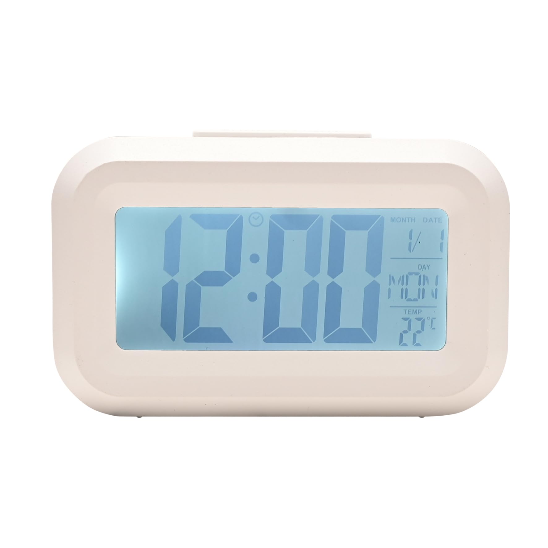Woodhouse & Mitchell Digital Alarm Clock – Silent Non-Ticking LED Bedside Clock with Adjustable Brightness, Time, Date & Temperature Display, Battery Powered Travel Alarm Clock (White)