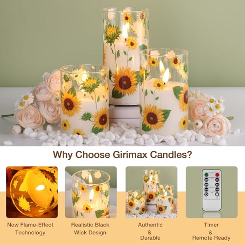Image of Sunflower Glass Flameless Pillar Candles with Remote, Flickering LED Battery Candles Summer Home Decor Set of 3