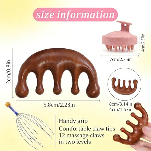 Image of Hair Massager, 4 Piece Scalp Massager Set, Octopus Design with Sandalwood Comb and Pink Straw Comb, Head Massager for Relaxation, Stress Relief and Improved Scalp Care