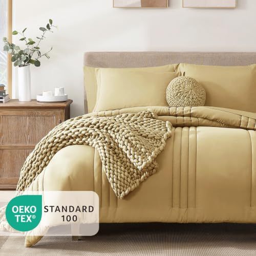 Image of Queen Comforter Set-7 Pieces Butter Yellow Bed in a Bag Queen Bedding Sets
