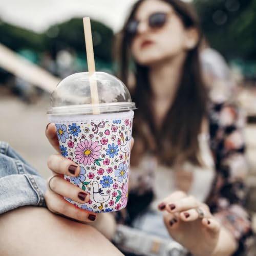 Image of Reusable Insulated Sleeve for Iced Coffee Cup, Coffee Neoprene Sleeve for Cold & Hot Drinks, Beverage Holder for Iced Coffee (Daisy Geese, Small: 16-18oz)