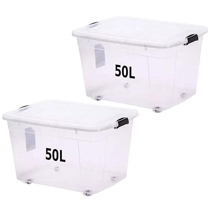 Buy Premify Storage Box 50 L With Lockable Lid & Wheels Clear Plastic