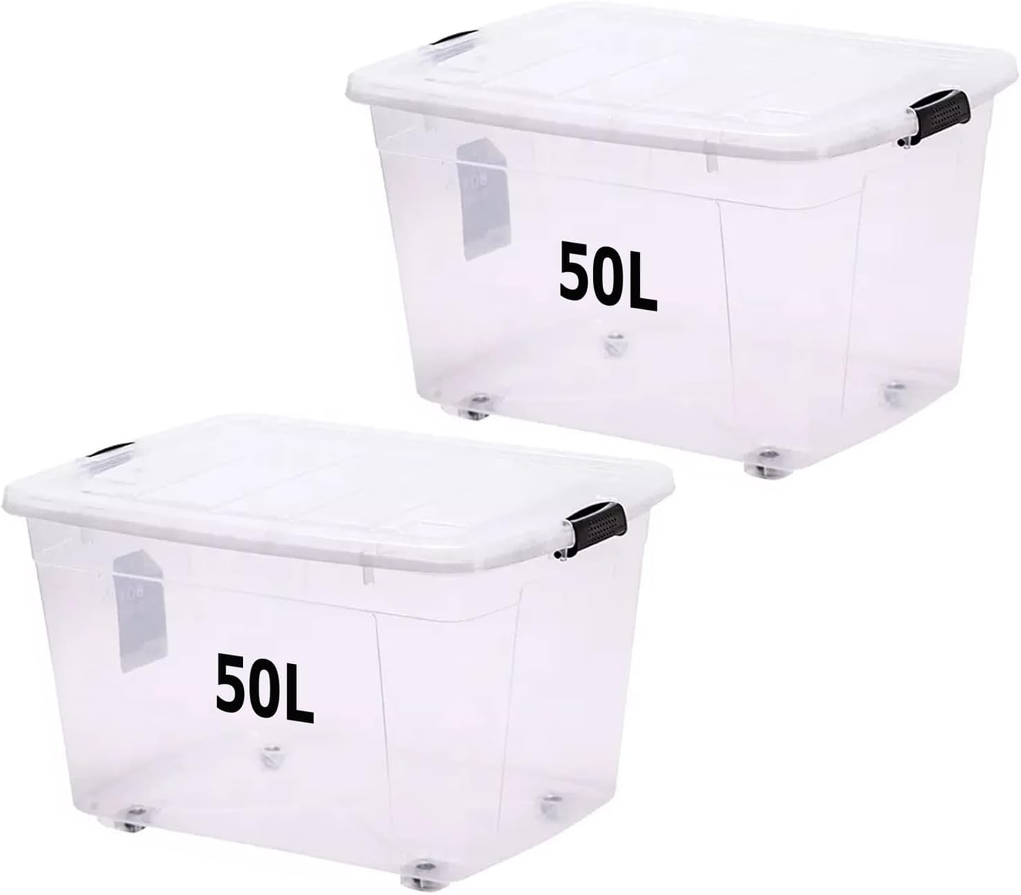 Premify Storage Box 50 L With Lockable Lid & Wheels Clear Plastic Organizer – Transparent Box Storing Clothes, Toys, Tools, Medicine, Office, Documents, Arts & Crafts (2 x 50L Storage Boxes)