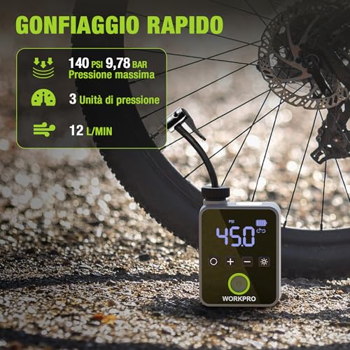 Workpro Mini Compressore Portatile 140 Psi, Pompa Elettrica Ricaricabile Per Biciclette, Moto E Palloni, Con Display Led E Luce Integrata - 3