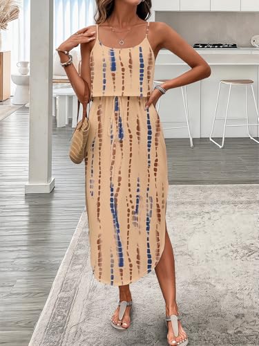 Image of RoseSeek Women's Spaghetti Strap Tie Dye Cami Sun Dress Beach Midi Summer Dresses Resort Wear Vacation Outfits