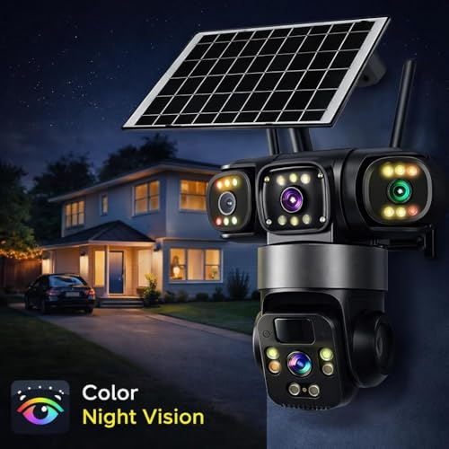 Image of Dr Vision 3 Lens Solar 4G Powered PTZ Outdoor CCTV Camera | 360 View | Color Night Vision | Two Way Audio | 4G SIM-Based Security Camera for Home with Mobile App V380 Pro (3 Lens Solar)
