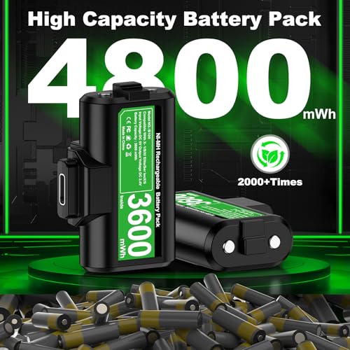 Image of Rechargeable Battery Pack for Xbox One /Xbox Series X|S, 2x4800mWh Battery Pack with LED Indicators Play & Charge Kit USB-C Charging Cable