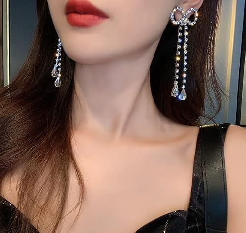Rhinestones Bow Drop Earrings For Women Girls Silver Crystal Bowknot Tassels Statement Earrings Lightweight Shiny Bar Earrings Set Jewelry #TOP4