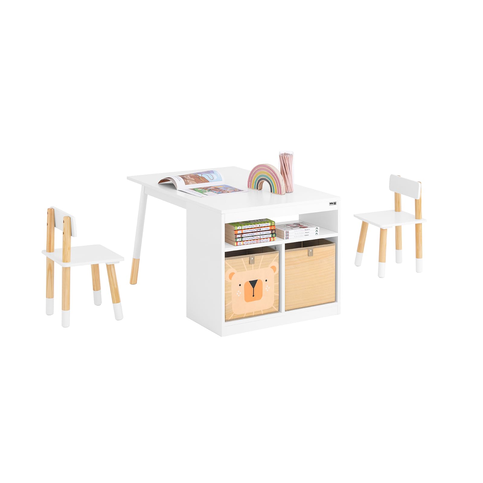 SoBuy Kindertisch mit 2 Stühlen Kindersitzgruppe mit Stauraum Spieltisch Kinder multifunktionaler Aktivitätstisch Kindersitzgruppe innen Kinder Tisch Stuhl Set Weiß KMB113-W