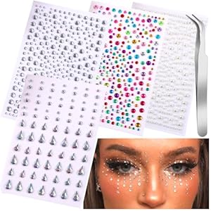 Face Gems Stick on Face Jewels Nail Self Adhesive Rhinestones Hair Pearls Accessories Eye Gems Jewelry Festival Makeup Body Art Supplies