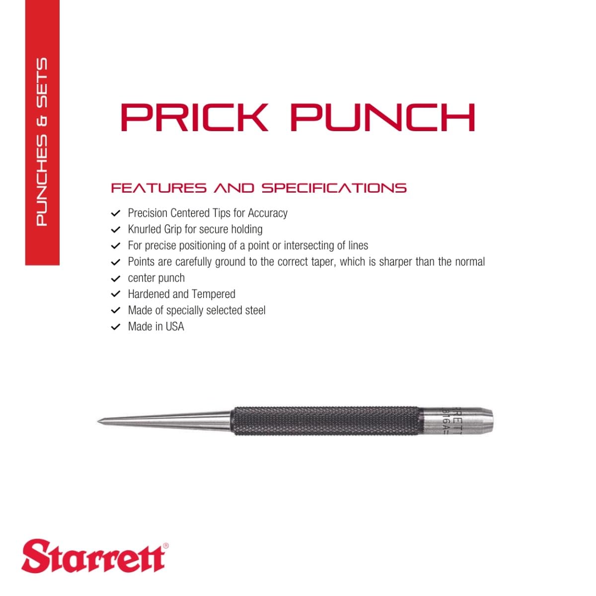 Starrett 816A dziurkacz, 10 cm długości, 10 cm stożkowa średnica punktu