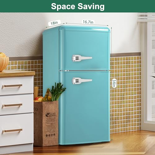 Image of Retro Mini Refrigerator with Freezer 3.5 Cu. Ft. with 7-Level Adjustable Thermostat, Vintage Small Fridge with Freezer for Apartment, Compact Retro Fridge for Office, College, RV, Mint Blue