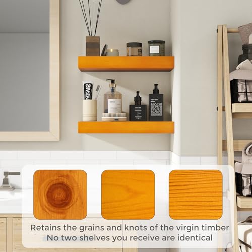 Image of Marsmiles Wood Floating Shelves | 55 Inch Rustic Honey Oak Wall Shelves Set of 2 | 55 inch W x 7.7 inch D x 1.6 inch H Wooden Shelves for Bathroom Living Room Kitchen