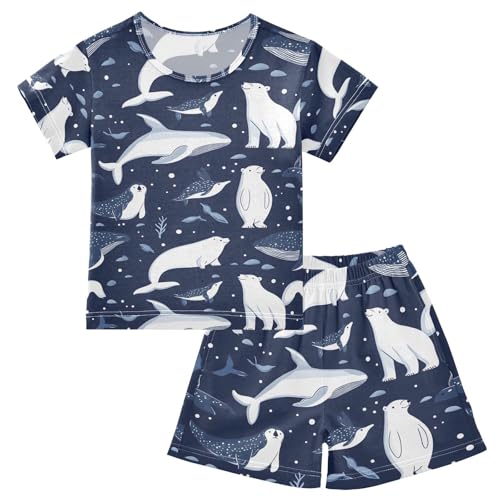ALAZA Whale Bear Navy Blue Pajamas Set Short Sleeve Cotton Sleepwear Summer Pjs 2 Piece 5-14Y