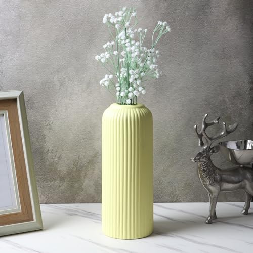 Image of KREATIVE ART'S Modern Ribbed Design Ceramic Flower Vase for Living Room, Flower Pots for Artificial Flower, Home Decoration Item, Home Decor, Vases for Living Room (Yellow, Large)