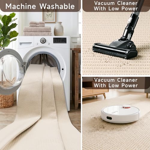Image of Waffle 2x8ft Runner Rug for Hallway: Extra Long Absorbent Bath Mat, Beige | Washable Non Slip Kitchen Rug, Bathroom Laundry Bedside, Soft Quick Dry Throw Carpet, Modern Farmhouse Home Decor