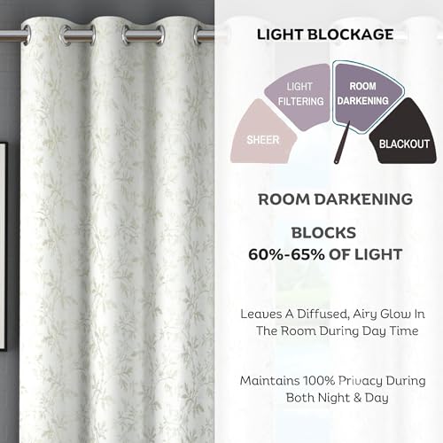Image of FRESH FROM LOOM Heavy Jari Jacquard Premium Luxury Light Blocking 80% Room Darkening Curtain 8 Feet Long Door & Window | Semi Blackout Floral | Eyelet Ring | Anti-Shrink Parda(8feet, Cream, 1pc only)
