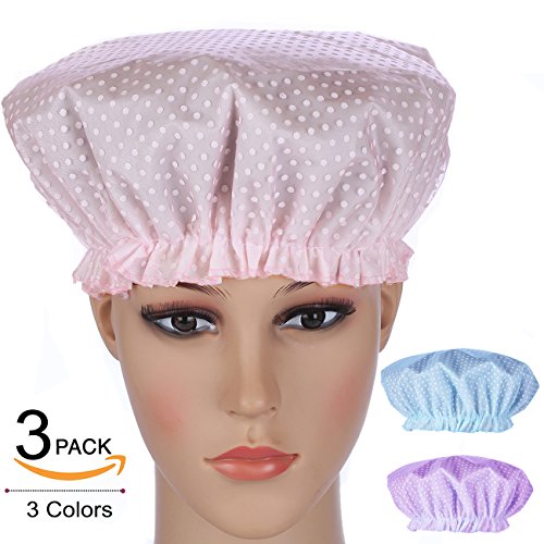 3 Pcs Mold Resistant Waterproof Lined Reusable Shower Cap 3 Colors With Polka Dots Double Layer Waterproof Design