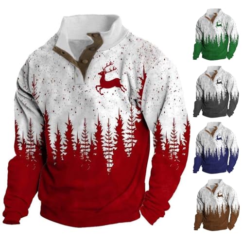 Christmas Sweater Men Ugly Reindeer Snowflake Graphic Xmas Sweatshirt 1/4 Button Stand Collar Winter Clothes 2024