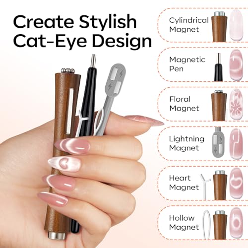 Image of modelones Cat Eye Magnet, 10PCS Cateye Magnet for Nails Cat Eye Gel Nail Polish Tools Heart Hole Square Powerful 3-in-1 Dual Head Magnetic Wand Heart French Floral Effect Salon DIY Use Gift