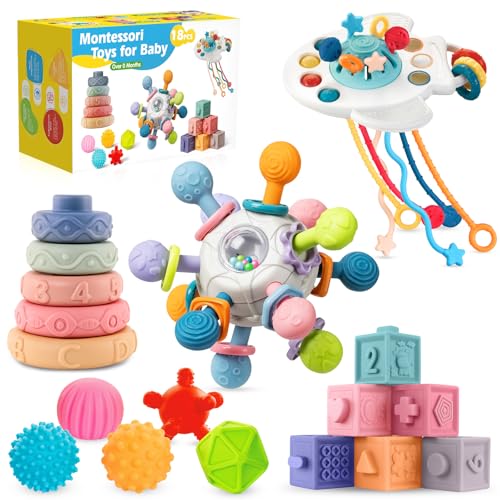 Image of SpringFlower 0-3-6-12 Months Baby Toys, 5 in 1 Montessori Toys for Babies, Teething Toy & Stacking Building Block & Ring & Silicone Pull String, Sensory Development Baby Infant Toy, Gift for Babies
