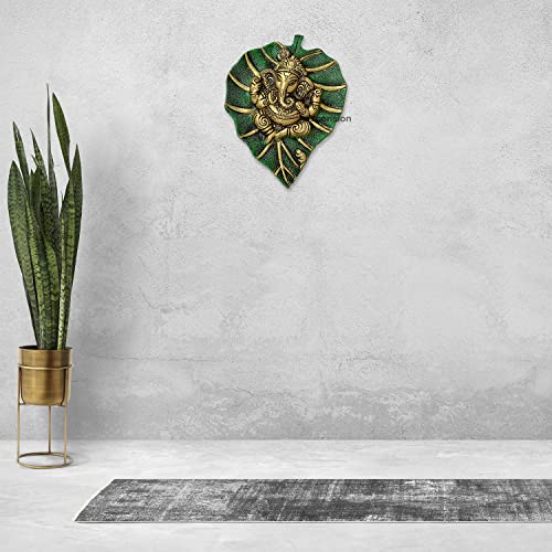 Image of ascension Ganpati Metal Green Lord Leaf Ganesh Idol Patta Statue Decorative Wall Hanging Showpiece Figurine (Green & Golden)