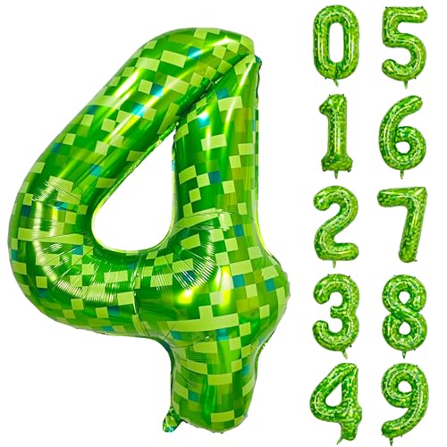 Image of 40 inch giant Green pixel miner game number 4 balloon | Large mining theme foil balloon 0-9 for pixel game parties children's birthdays party anniversary baby shower decoration