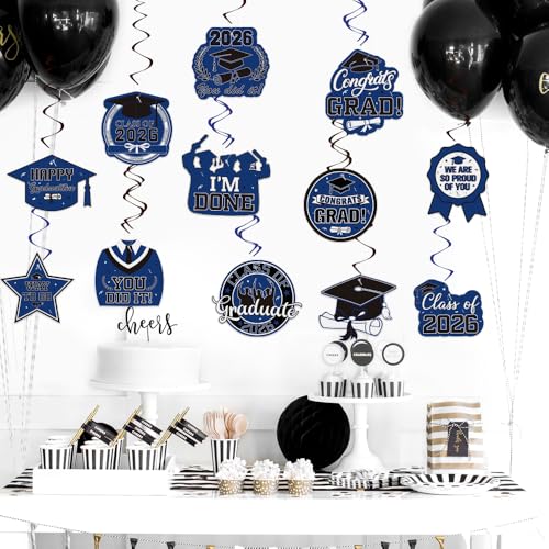 Image of Graduation Hanging Swirls Decorations, Blue and Black Graduation Party Decorations, 30PCS Class of 2026 Streamers Ornaments for Classroom Ceiling Office High School College Congrats Grad Party Favors