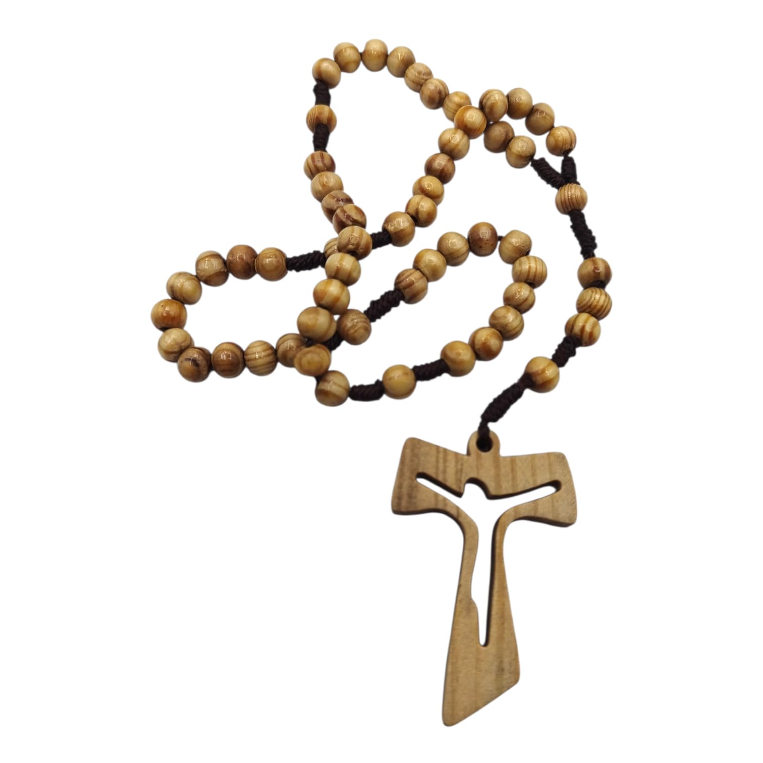 Generico Rosario di San Francesco in Legno di Ulivo con Croce Tau Traforata, Grani da 6 mm, Lunghezza 33 cm, Made in Italy, con Scatola in Cartoncino Perlato