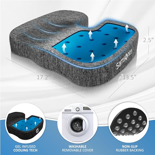 Image of Samsonite Gel Infused Seat Cushion - Ergonomic Cushion for Office Chair, Tailbone Pressure Pad, Coccyx Support for Sciatica, Memory Foam Seat for Car, Desk, or Gaming Chair Use, Grey