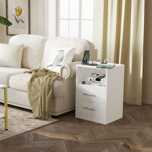 Streamlined Bedside Table with Charging: PrimeZone LED Nightstand with 3 USB Ports, 2 Drawers & Open Storage, White