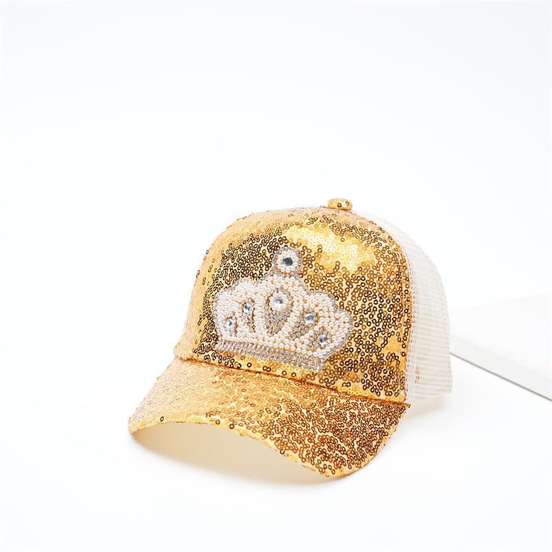 Sparkling Princess Hat Crown Sequin Mesh Baseball Cap Breathable and Adjustable Summer Sun Hat for Outdoor Play and Sun Protection Yellow3