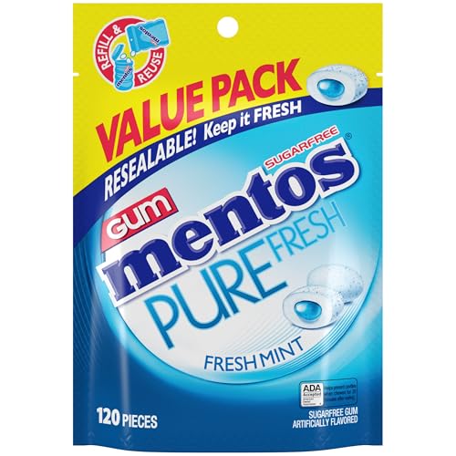 Mentos Pure Fresh Sugar-Free Chewing Gum with Xylitol, Fresh Mint, 120 Piece Bulk Resealable Bag (Pack of 1)