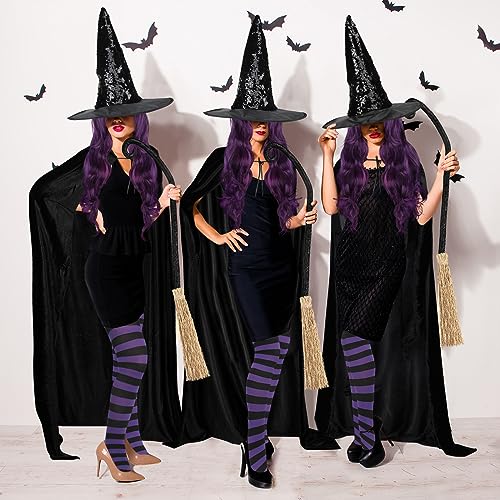Mepase 5 Pcs Halloween Witch Hats Witch Costume Cloak Cosplay Witch Cape Purple Nylon Striped Tights Cosplay Wig Witch Brooms For Women Adults Party Costume Accessory thumb #6