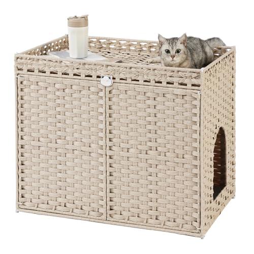Image of SETVSON Cat Litter Box Enclosure Furniture, Hidden Litter Box, Cat Litter Box Cabinet with 2 Litter Mats, Handwoven Rattan Large Space Cat House Indoor, Living Room, Bedroom, Apartment Light Khaki