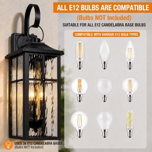 Image of 2 Pack Dusk to Dawn Outdoor Wall Lights, 23.9 inch Black | Waterproof Exterior Lantern with Water Ripple Glass, Modern Wall Light Fixture Mounted, Large Outside Light for Garage Patio