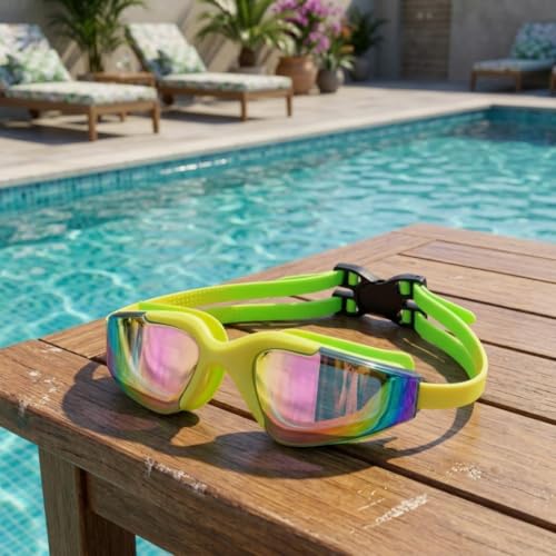 Image of BURNLAB Mirrored Lens Swimming Goggles for Pool and Outdoor Swimming, Adjustable Fit, Men & Women (yellow)