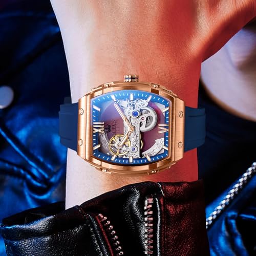 Image of OLEVS Watch for Men Skeleton Automatic Tonneau Silicone Strap Business Luxury Waterproof Luminous Mechanical Men Wrist Watch