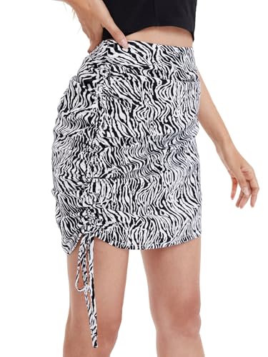 Women Zebra Striped Mini Skirt Ruched Drawstring Side Short Skirts2