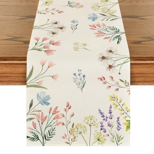 Artoid Mode Flowers Floral Summer Table Runner, Seasonal Spring Fall Kitchen Dining Table Decoration for Home Party 13x72 Inch